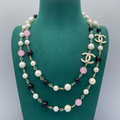 18K CC Black & Pink Bead Long Necklace