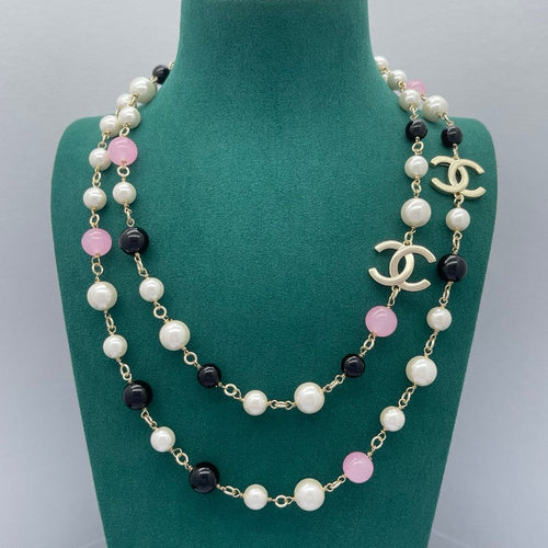 18K CC Black & Pink Bead Long Necklace