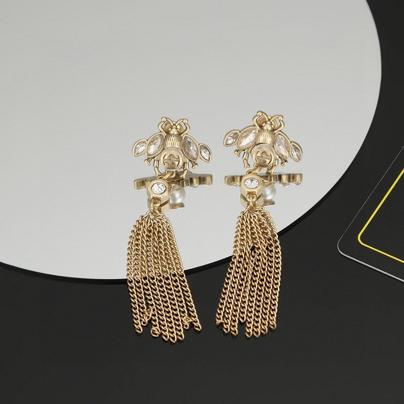 18K Double G Bee Tassel Crystal Earrings