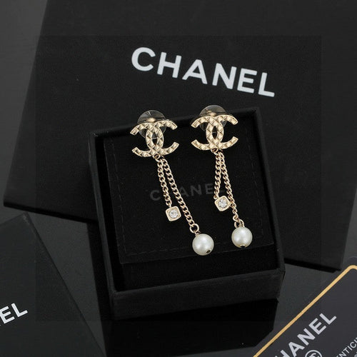 18K CC Long Pearl Pendant Earrings