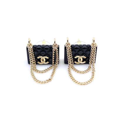 18K CHANEL Black Bag Pendant Earrings