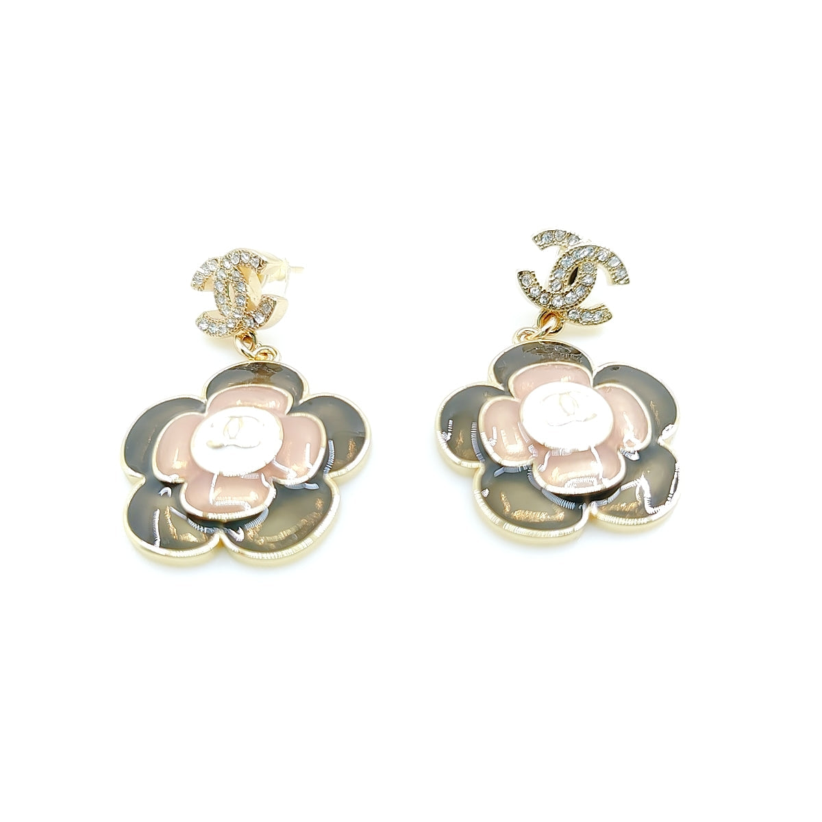 18K CHANEL CC Flower Pendant Earrings