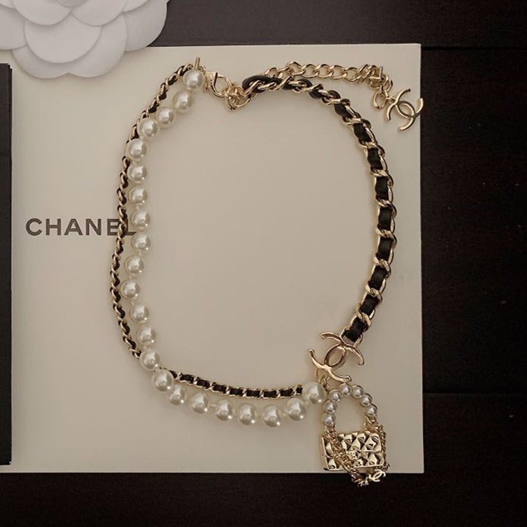 18K CHANEL CC Pearl Leather Bag Pendant Necklace