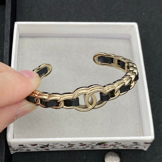 18K CC Black Leather Bracelet