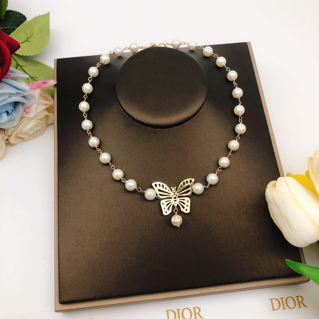 18K CD Butterfly Pearl Chain Necklace