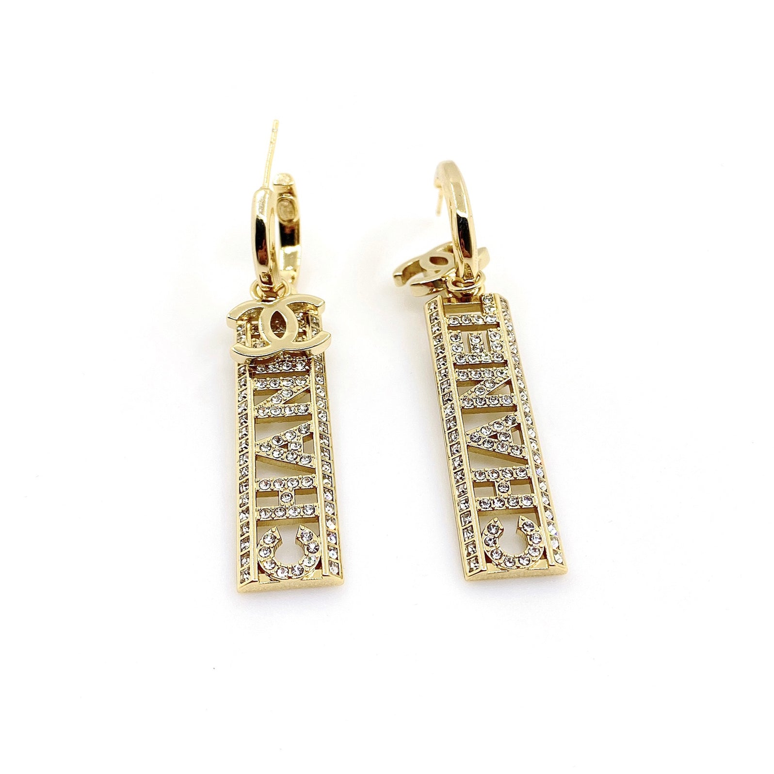 18K CHANEL Crystals Long Letter Earrings