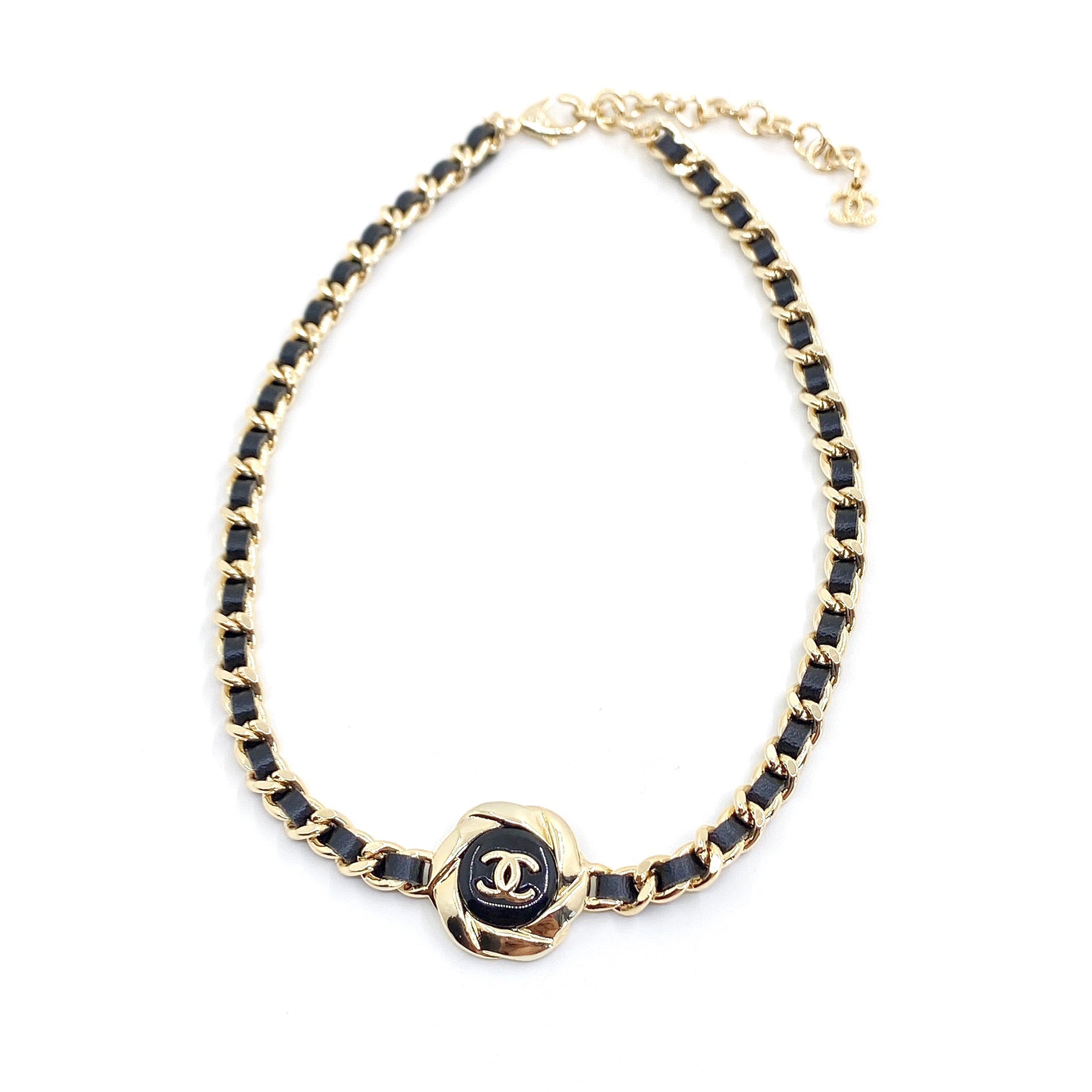 18K CHANEL CC Rhinestone Leather Choker Necklace