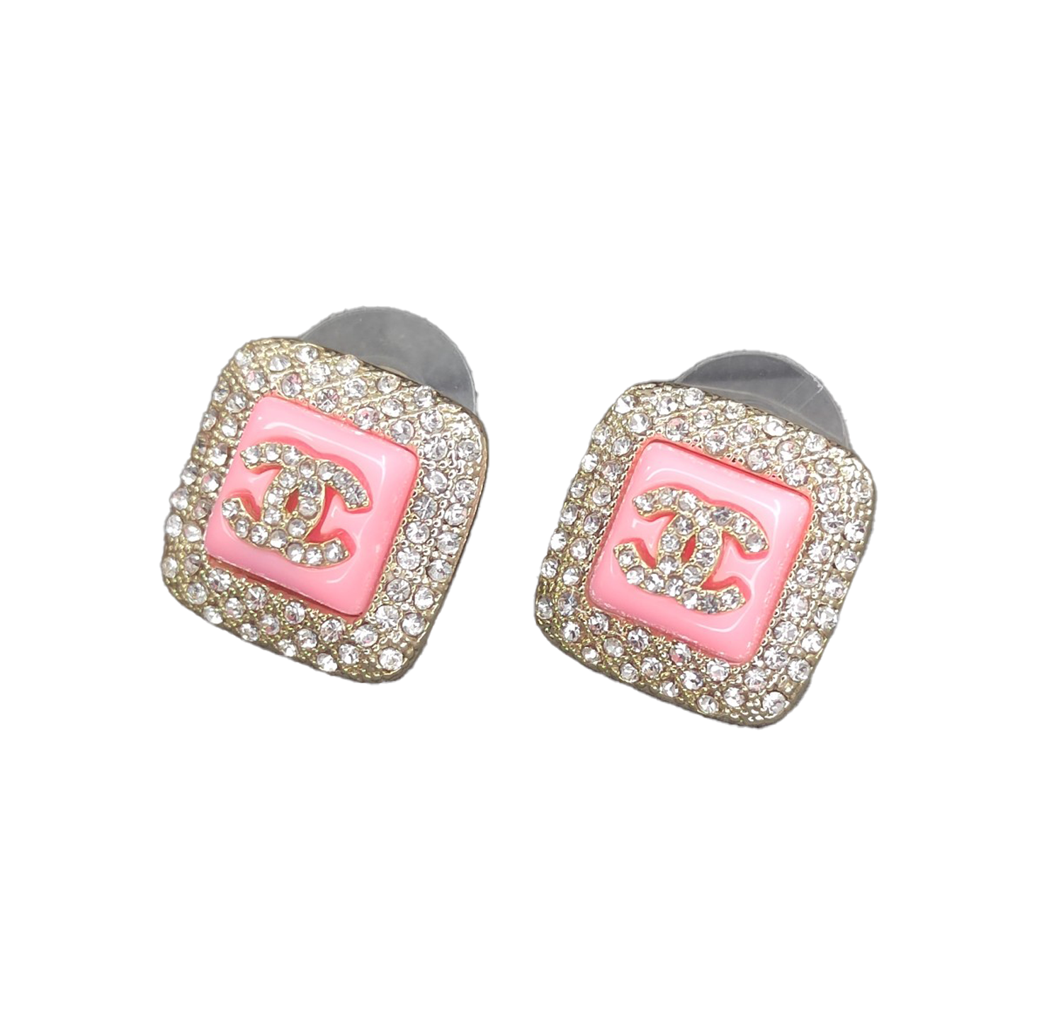 18k CHANEL CC Diamond Square Pink Earrings