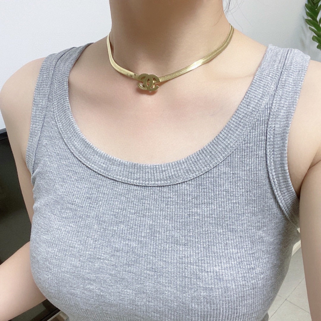 18K CC Gold Chain Choker Necklace