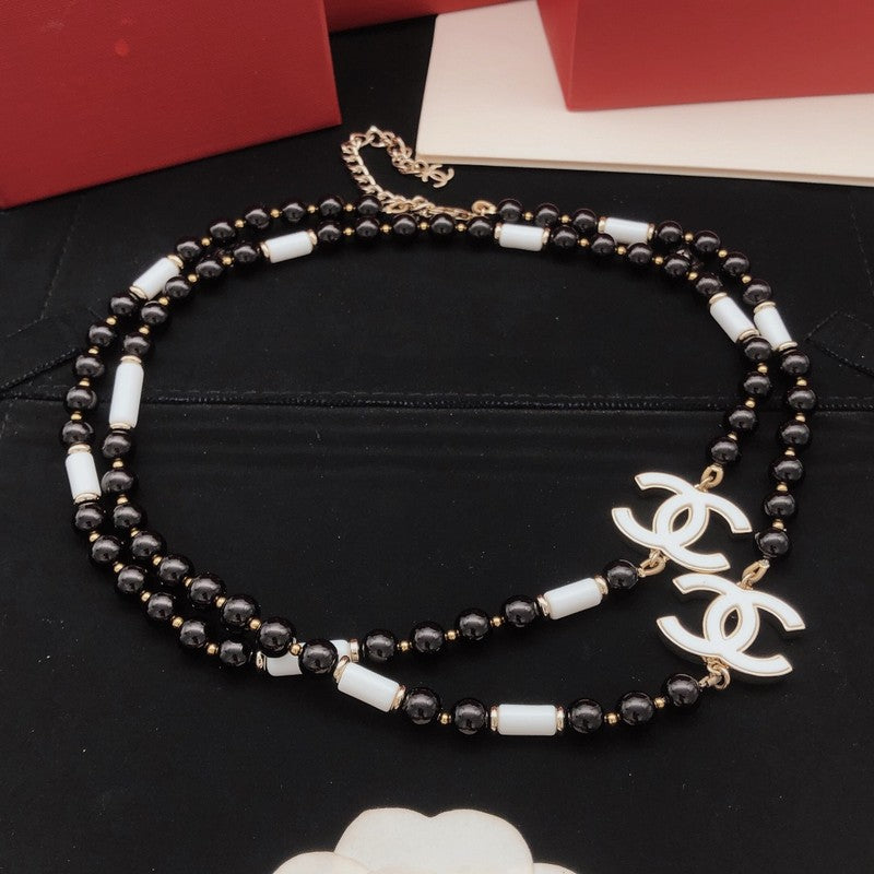 CC White Logo Long Black Pearl Necklace
