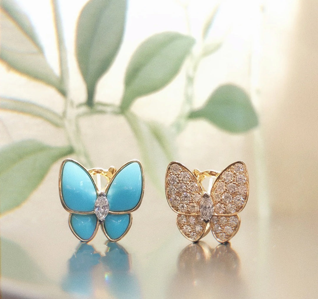 Boucles d'oreilles deux papillons turquoise 18 carats