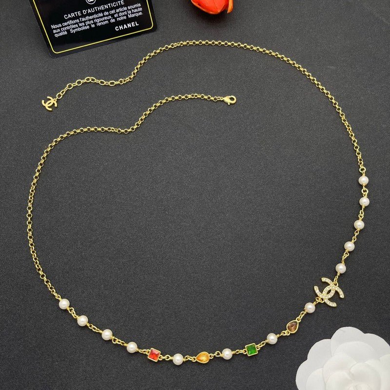 CC Color Crystal Pearl Long Chain Necklace