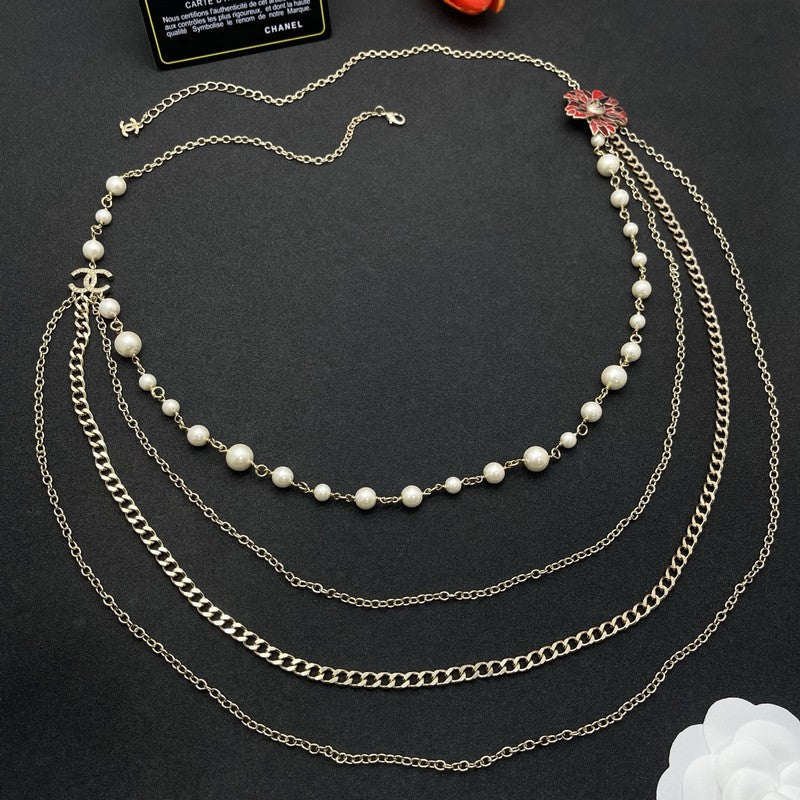 CC Red Flower Pearl Long Chain Necklace
