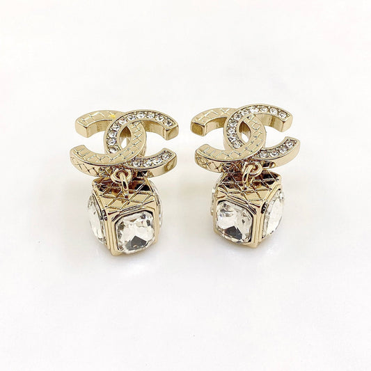 18K CHANEL CC Square Crystal Pendant Earrings