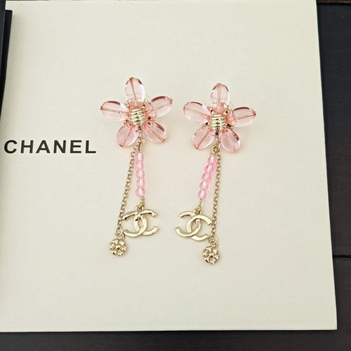 18K CC Pink Crystal Flower Gold Earrings