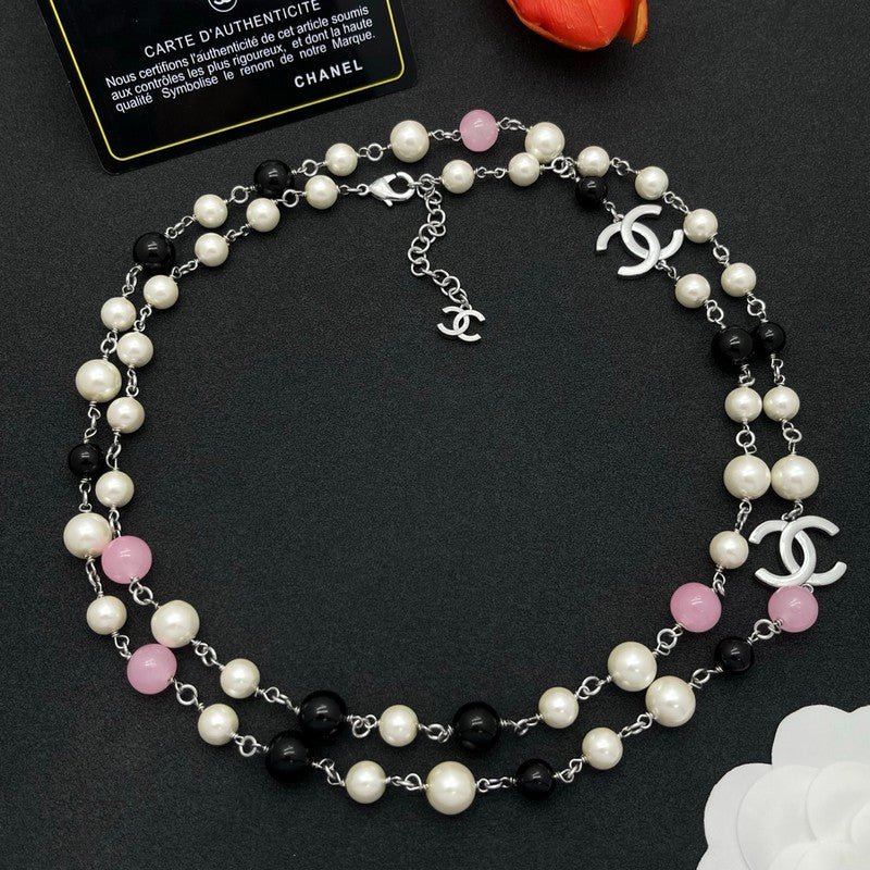 CC Black & Pink Bead Pearl Long Necklace