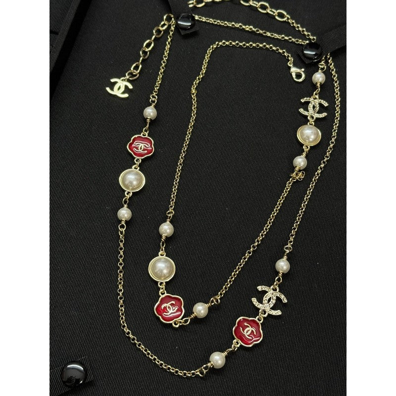 CC Red Flower Pearl Long Necklace
