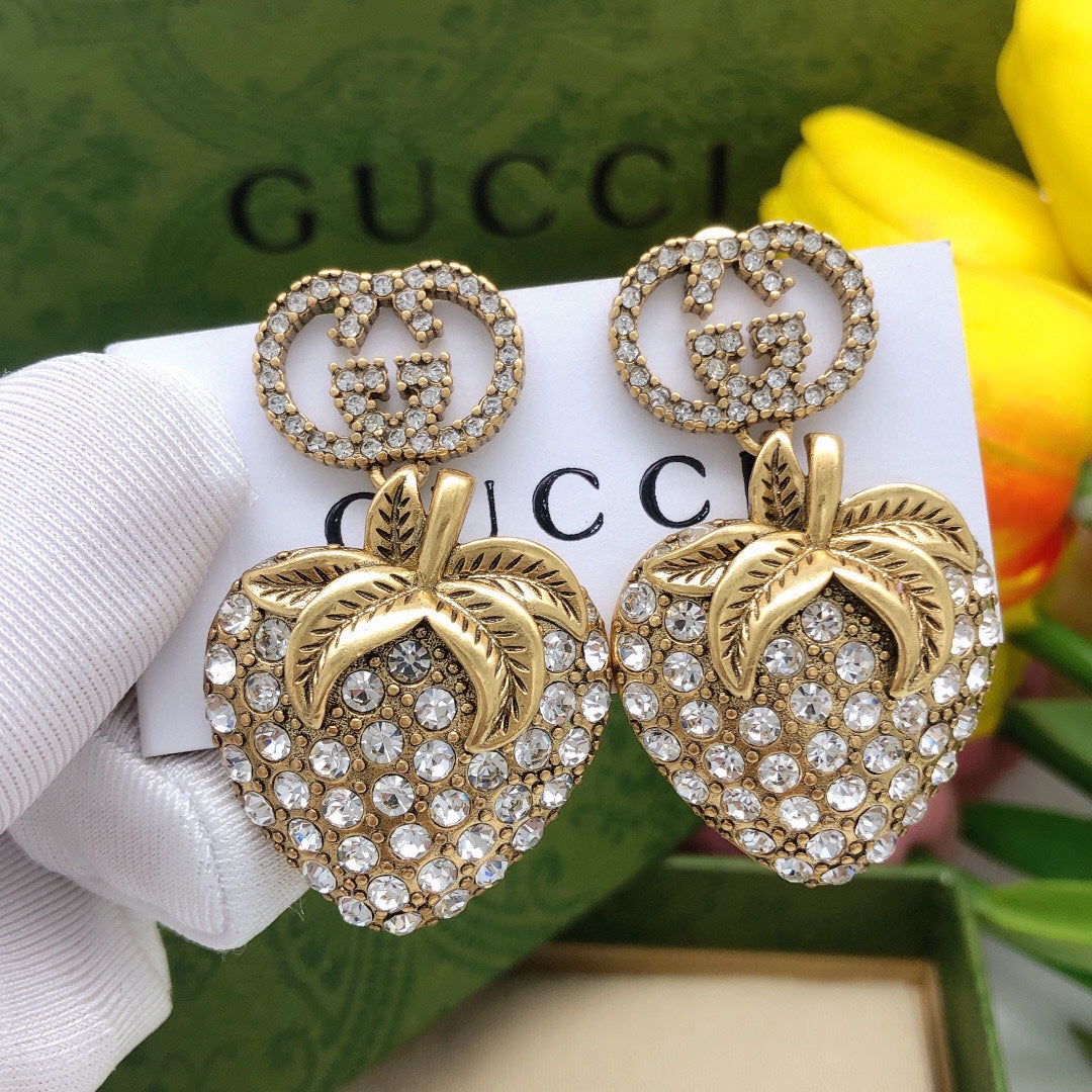 18K GUCCI GG Crystal Strawberry Pendant Earrings