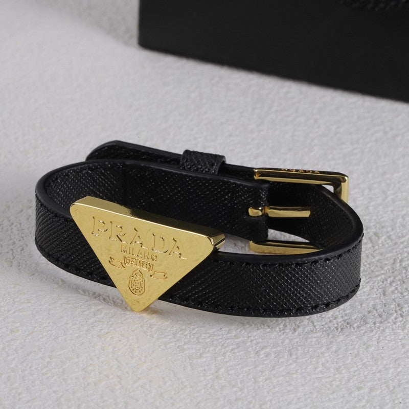 Pra Black Leather Gold Bracelet