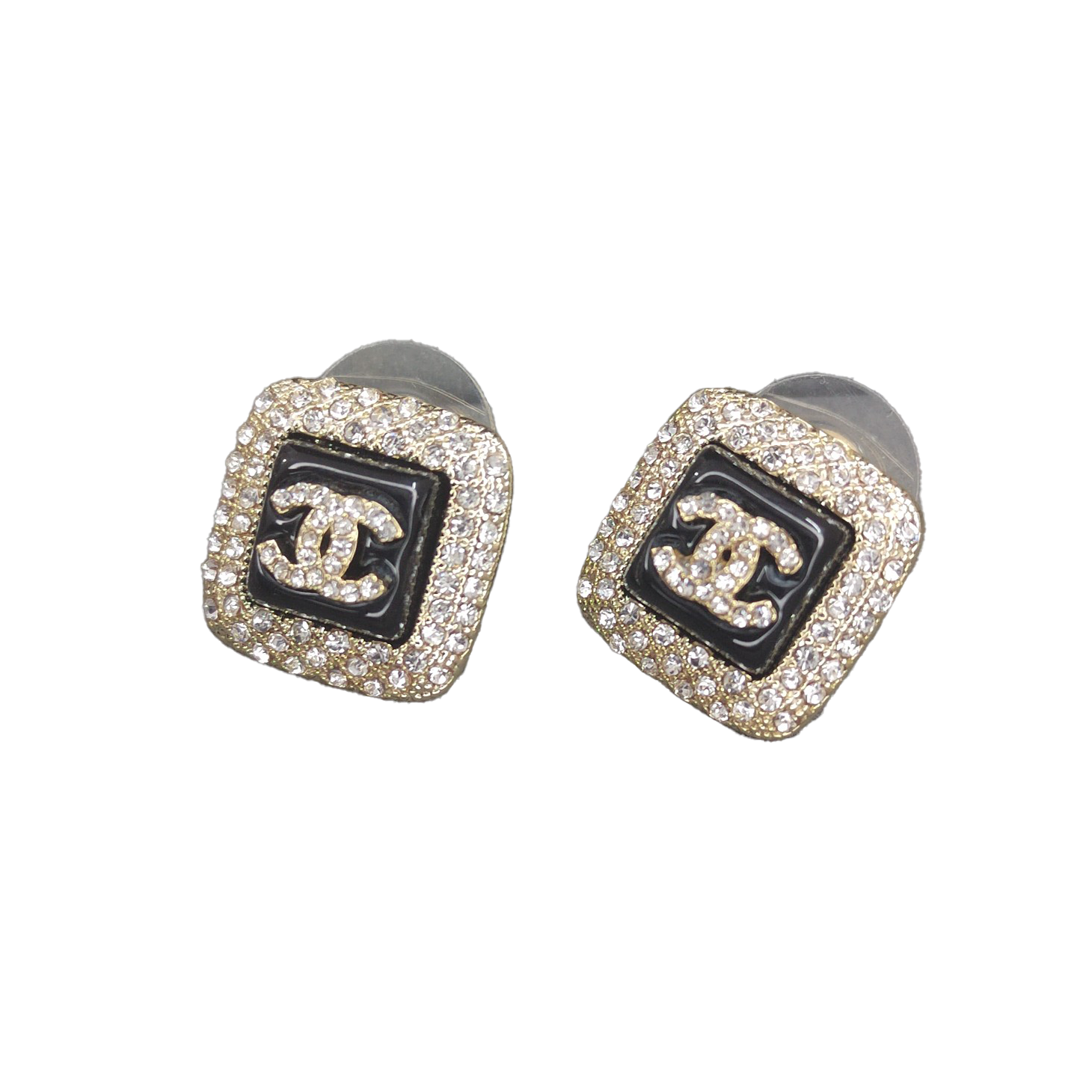 18k CHANEL CC Diamond Square Black Earrings