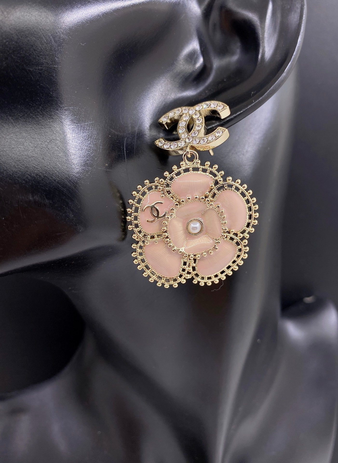 18K CC Pink Flower Earrings