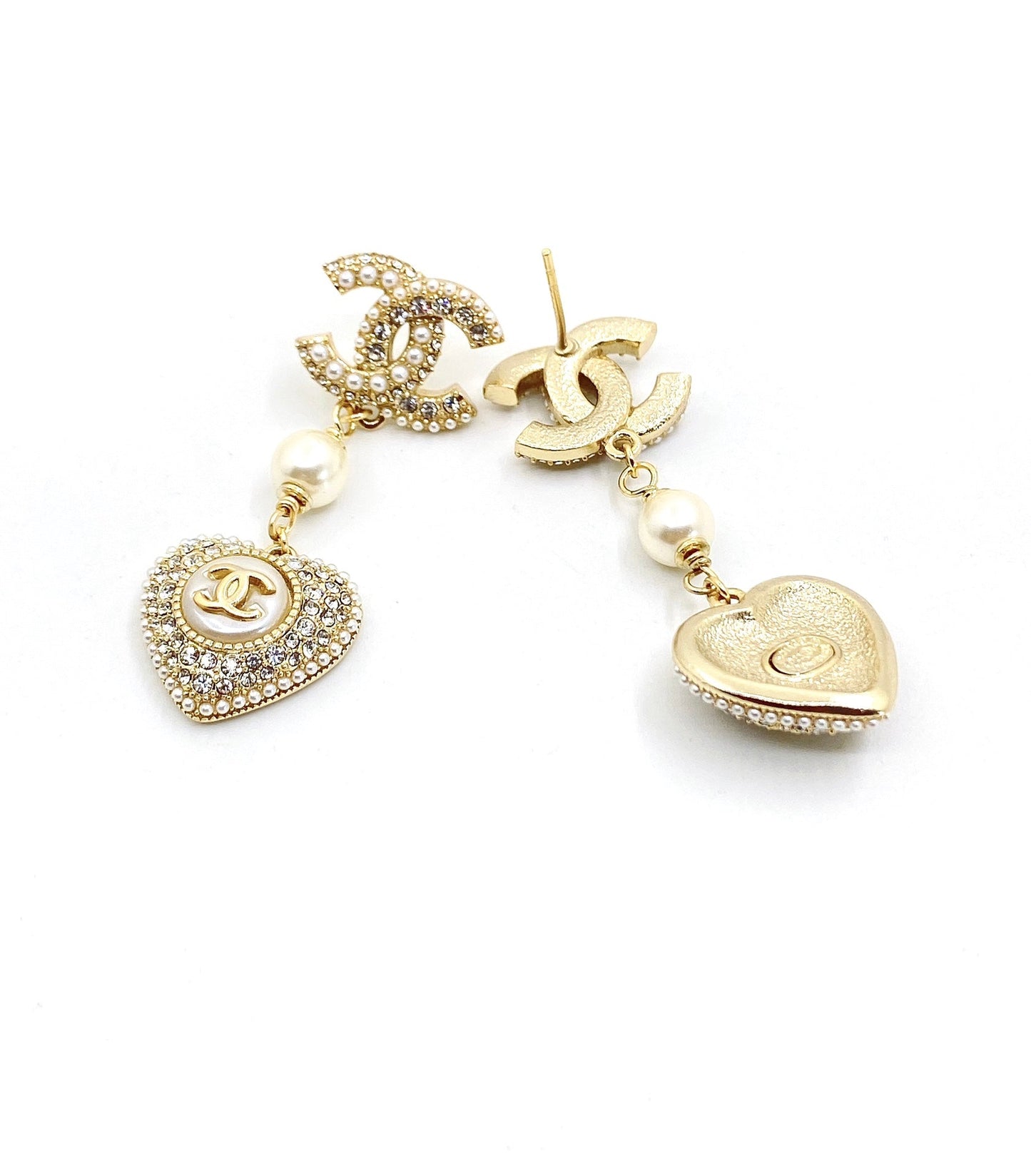 18K CC Heart Drop Earrings