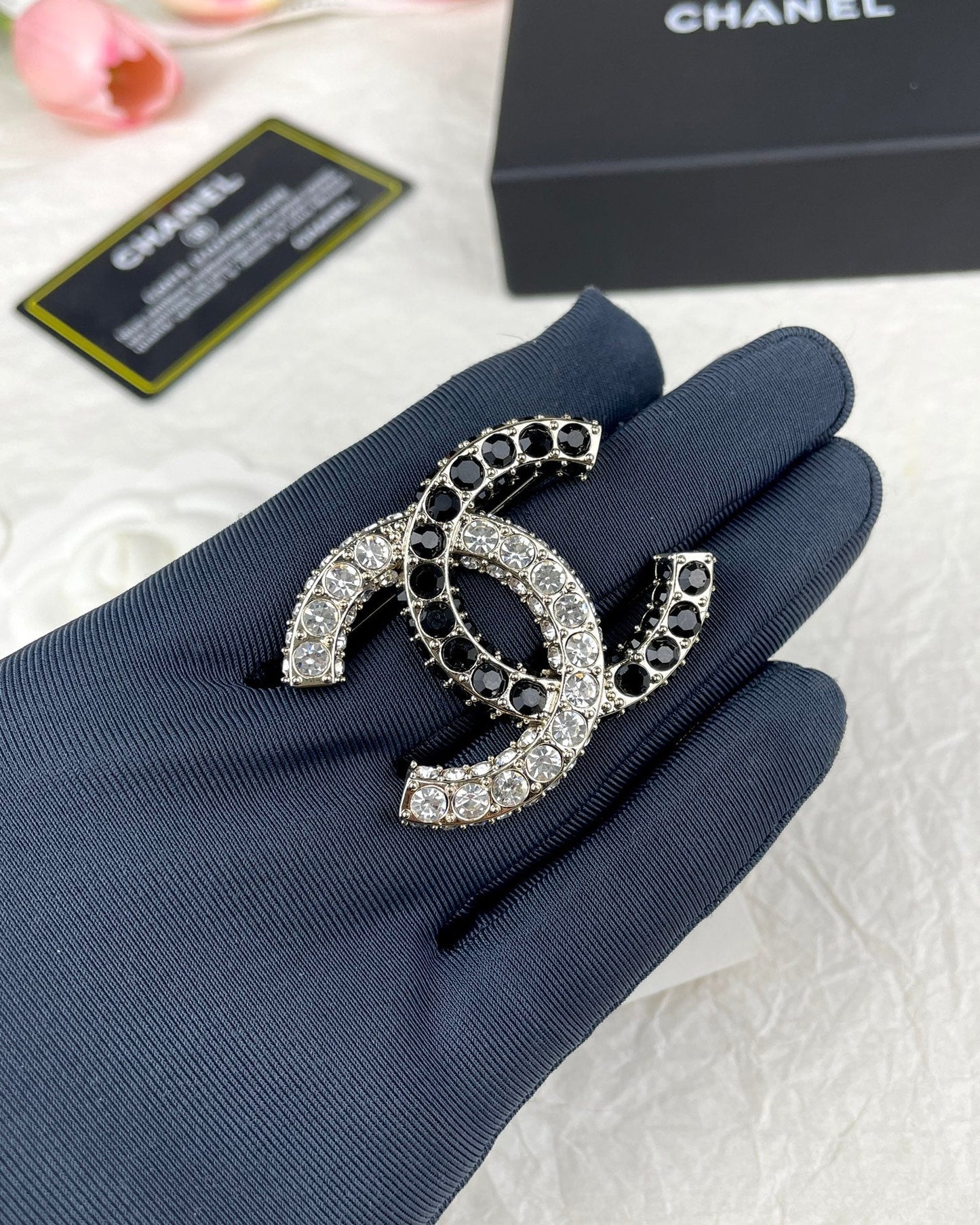 18K CC Black & White Crystals Brooch