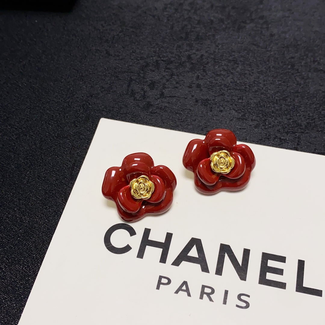 18K CC Red Camellia Resin Earrings