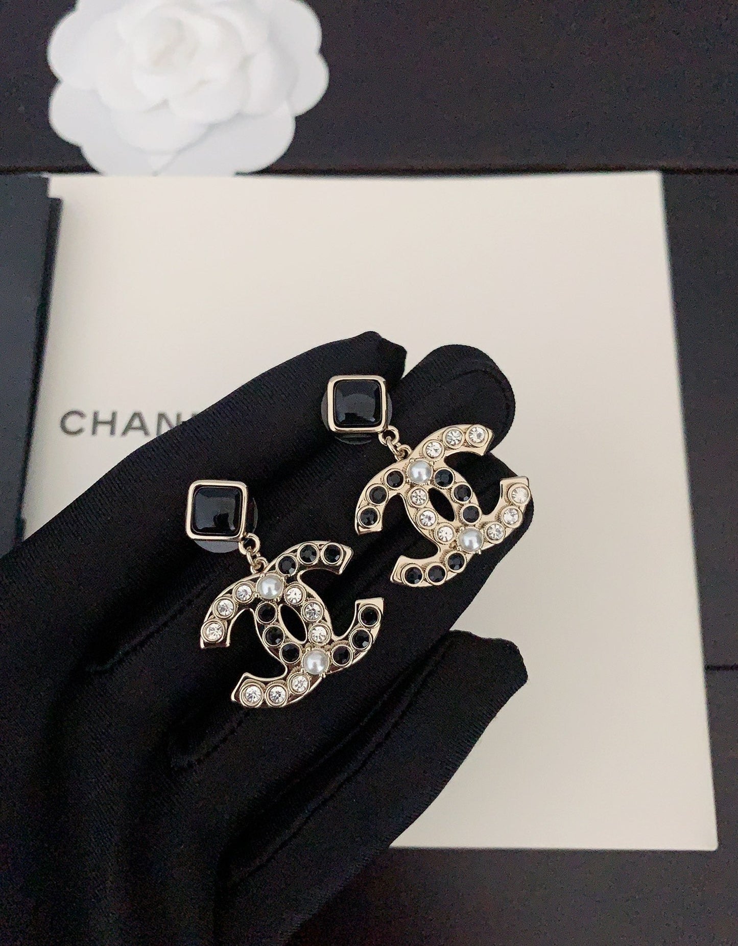 18K CC Black Crystals Earrings