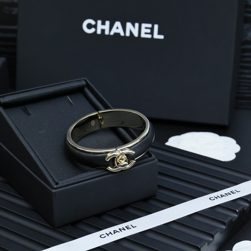CC Black Leather Gold Bracelet