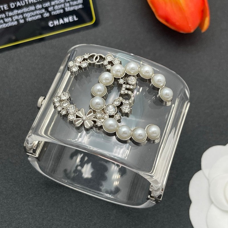 18K CC Pearl & Diamond Transparent Cuff Bracelet