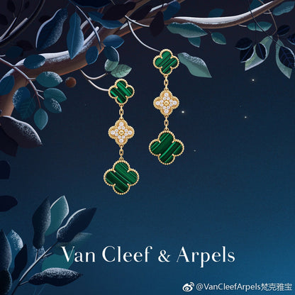 Boucles d'oreilles trèfle à trois motifs malachite Magic Alhambra 18 carats