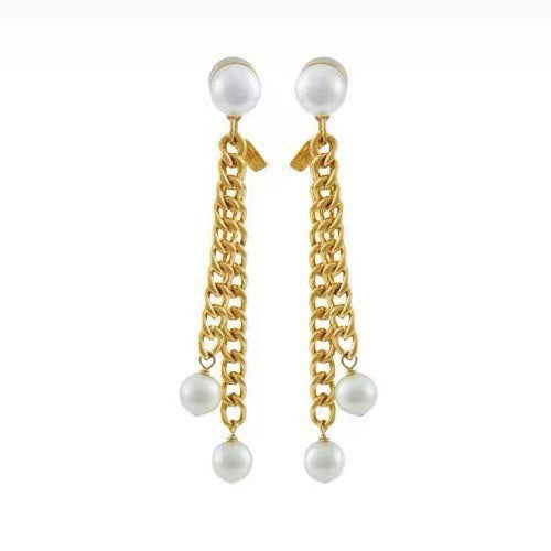 18K Celine Triomphe Chain Pearl Earrings