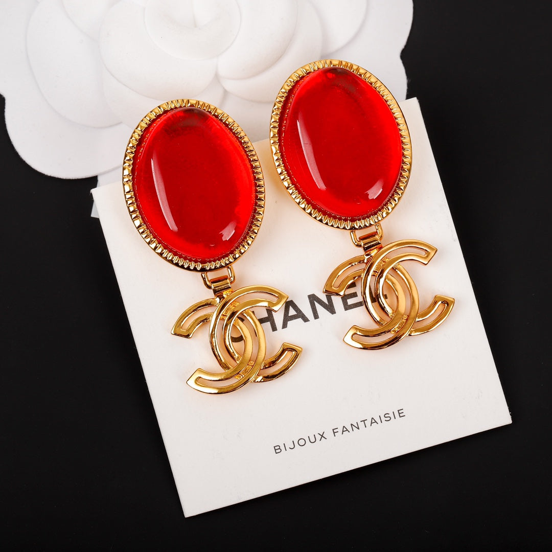 18k CHANEL CC Red Crystal Pendant Earrings