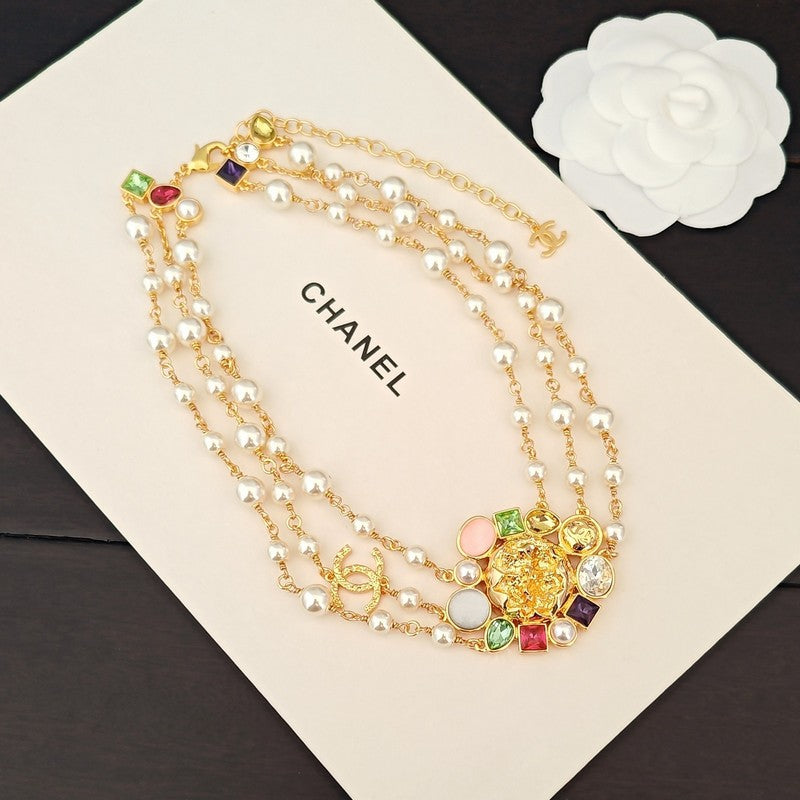 CC Pink Crystal Flower Gold Chain Necklace