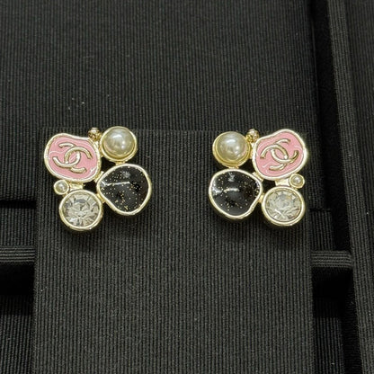 18K CC Black & Pink Crystal Earrings