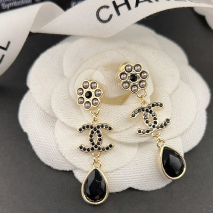 18K CC Black Crystals Earrings