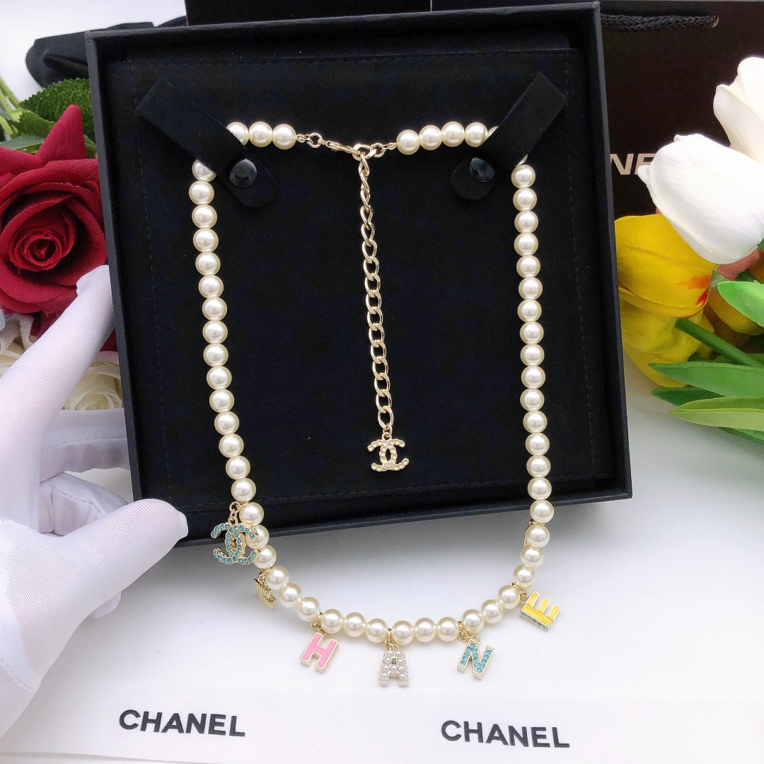 18K CC Script Pearls Necklace