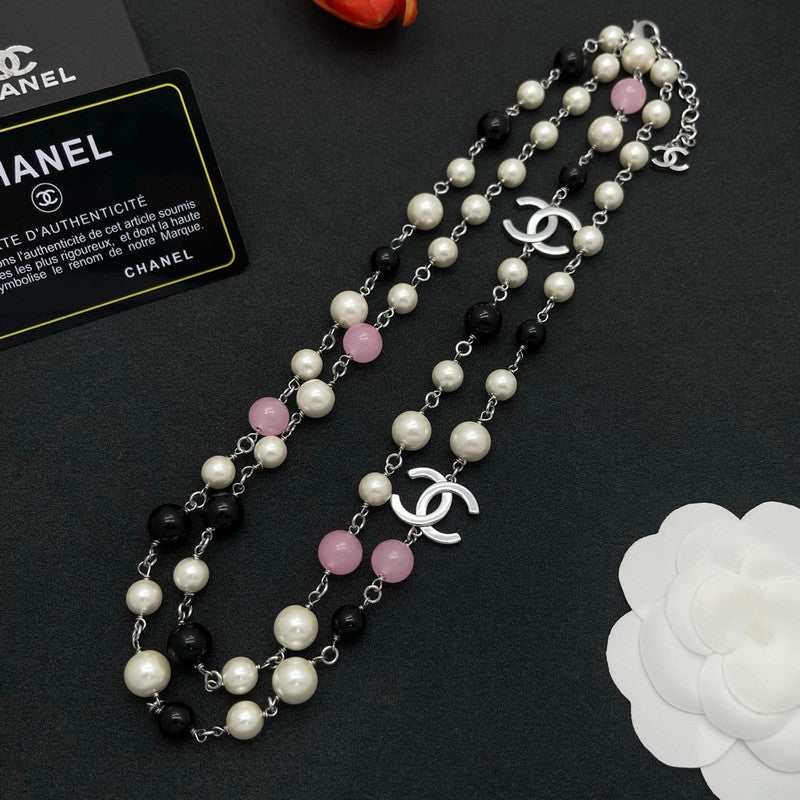 CC Black & Pink Bead Pearl Long Necklace
