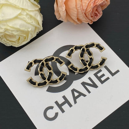 18K CC Black Leather Gold Earrings
