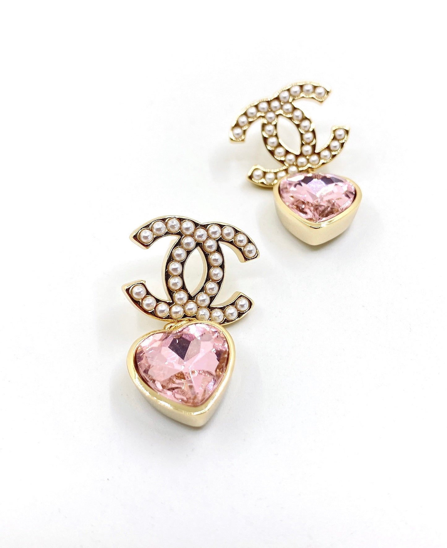 18K CC Pink Heart Crystal Earrings