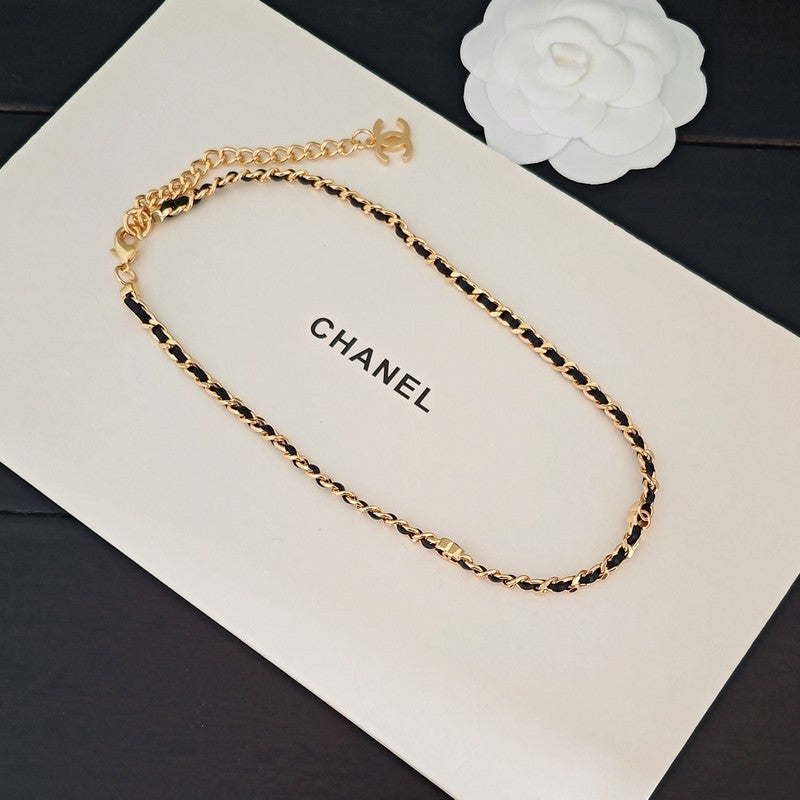 CC Black Leather Gold Chain Necklace