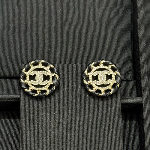 18K CC Black Leather Round Earrings