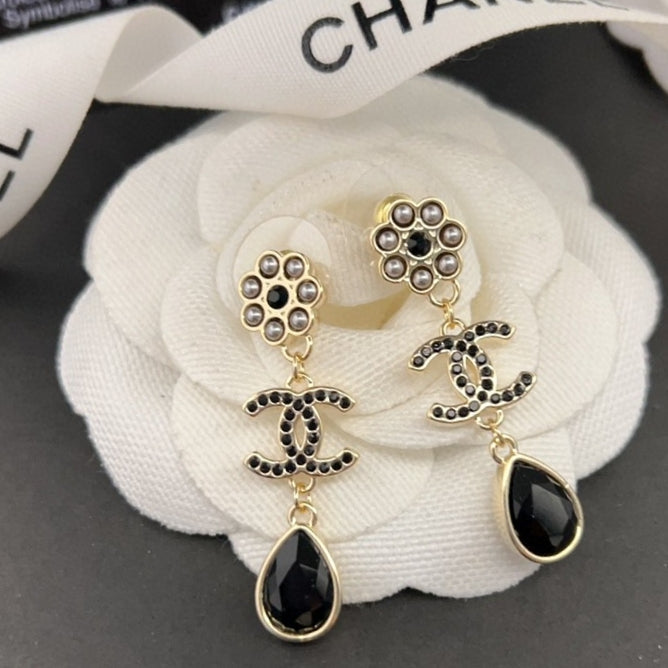 18K CC Black Crystal Earrings