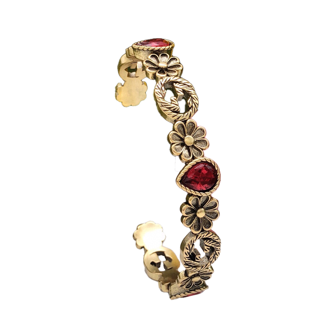 18K Gucci GG Flowers Red Crystals Open Cuff Bracelet