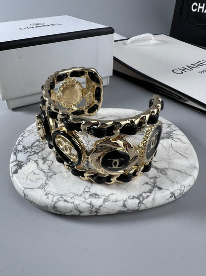 18K CC Leather Open Cuff Bracelet