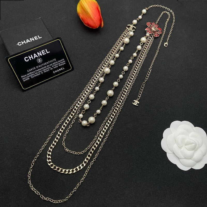 CC Red Flower Pearl Long Chain Necklace