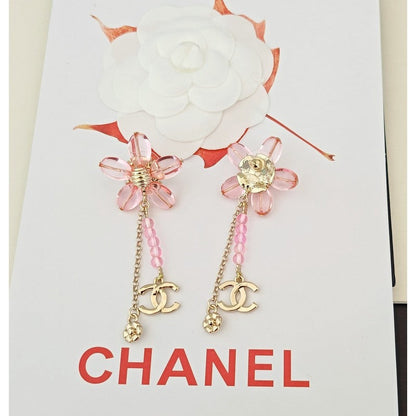 18K CC Pink Crystal Flower Gold Earrings