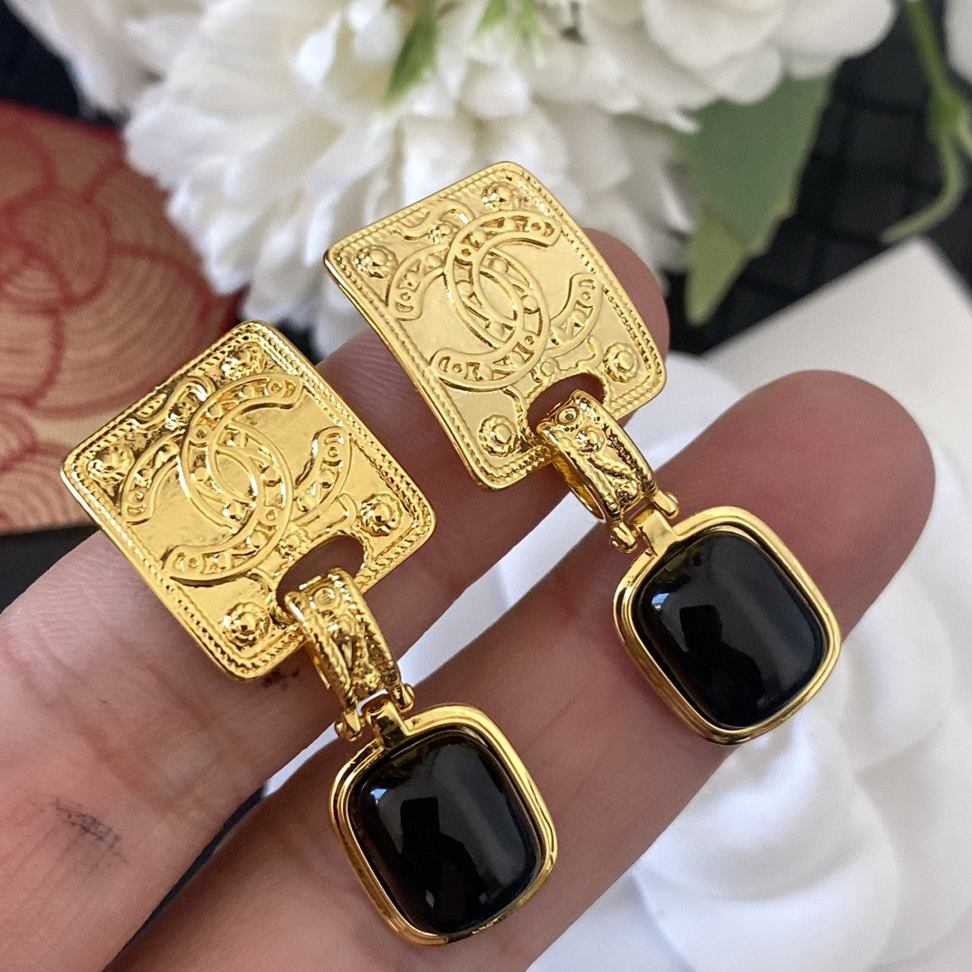 18K CC Black Crystal Earrings