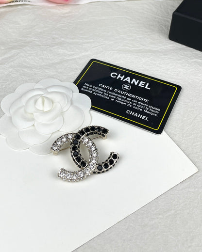 18K CC Black & White Crystals Brooch